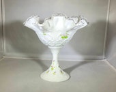 Vintage-Fenton-Silvercrest-Compote-Candy Dish-Pedestal Base-Flowers-Hand Painted-Signature-C. Shaffer-Purple-Green-Home Decor