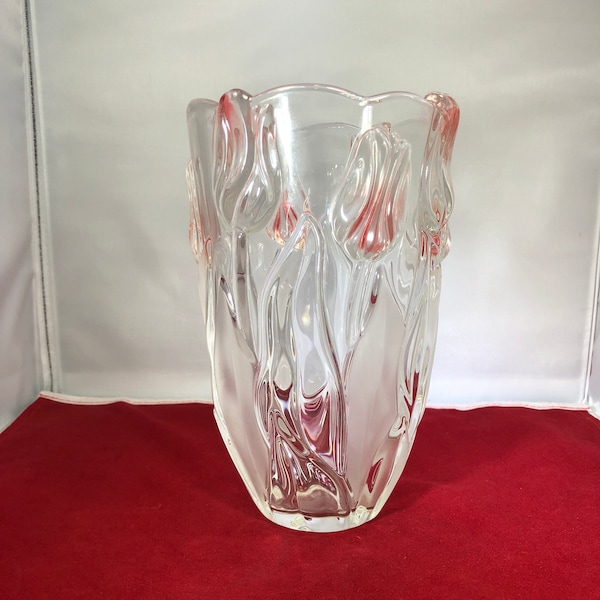 Vintage-Vase-Clear-Glass-Pink-Tulips-Flowers-Glassware-Home Decor-Frosted