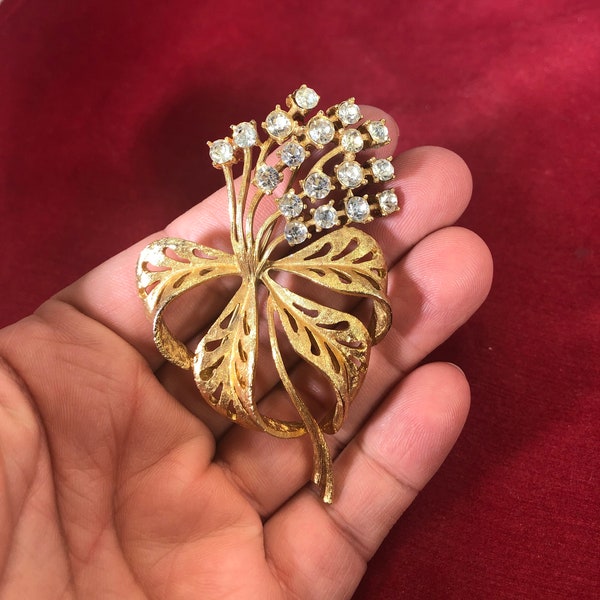 vintage-Broche-Cora-Bouquet-Strass-Or-Feuilles-Bijoux-Accessoires