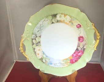 Vintage-Plate-Platter-Handles-Flowers-White-Pink-Gold-D & C-France-Serving Ware-Home Decor