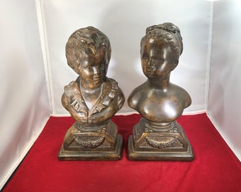 Vintage-Busts-Boy-Girl-Bookends-Bronze-Antiqued braun-Plaster-Home Decor