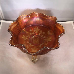 Vintage-Bowl-Marigold-Fenton-Carnival Glass-Butterflies-Berries-Leaves-Footed-Ruffled-Serving ware-Dishware-Home Decor