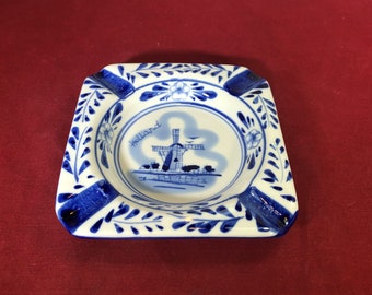 Vintage-Ashtray-Blue-White-Windmill-TS Holland-Hand Painted-Delft Blue-Square-Home Decor
