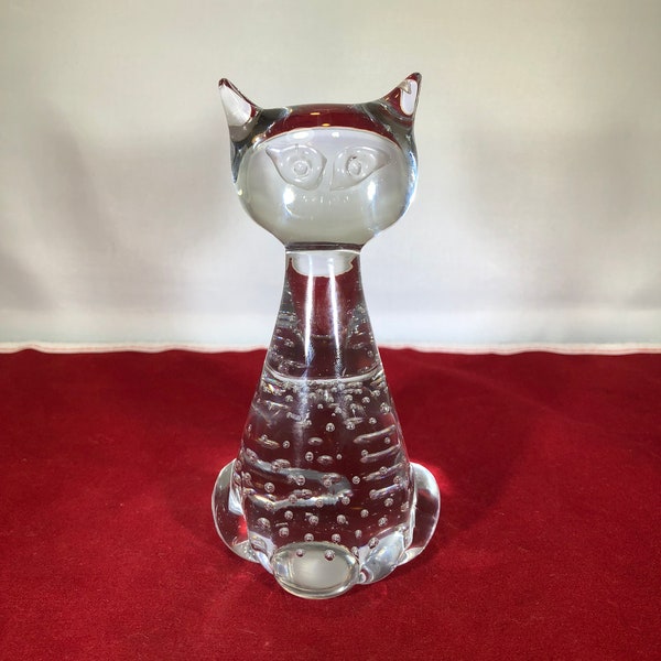 Vintage-Cat-Figurine-Statue-Clear-Blown Glass-Bubbles-Paperweight-L. W. Rice-Siamese-Taiwan-Sticker-Home Decor