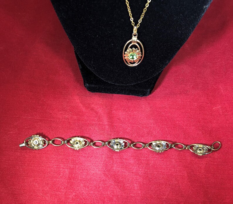 Vintage-Necklace-Bracelet-Providence Stock Company-12KT Gold-Green-Flowers-Sterling-Accessories-Jewelry