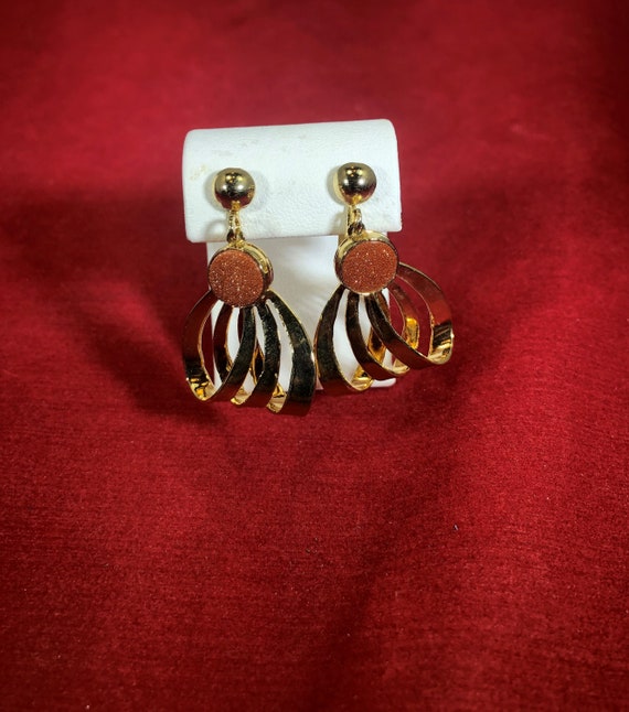 Vintage-Earrings-Screw on-Brown-Glittery-Gold-Jew… - image 1