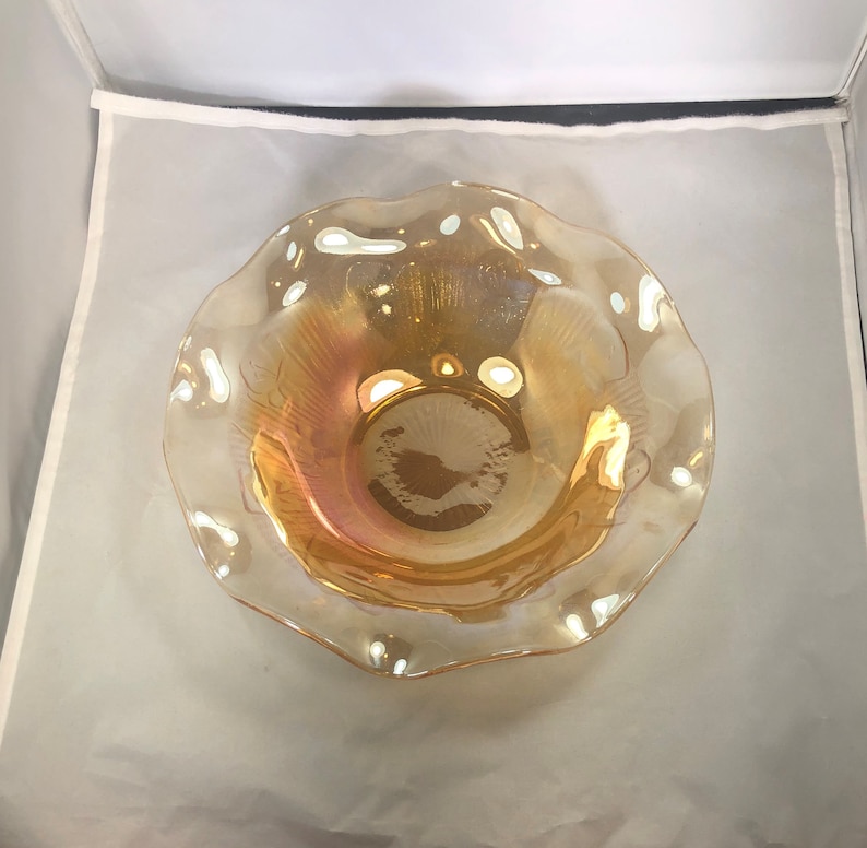 Vintage-Marigold-Carnival Glass-Bowl-Flower Pattern-Ruffled Edge-Serving Ware-Home Decor