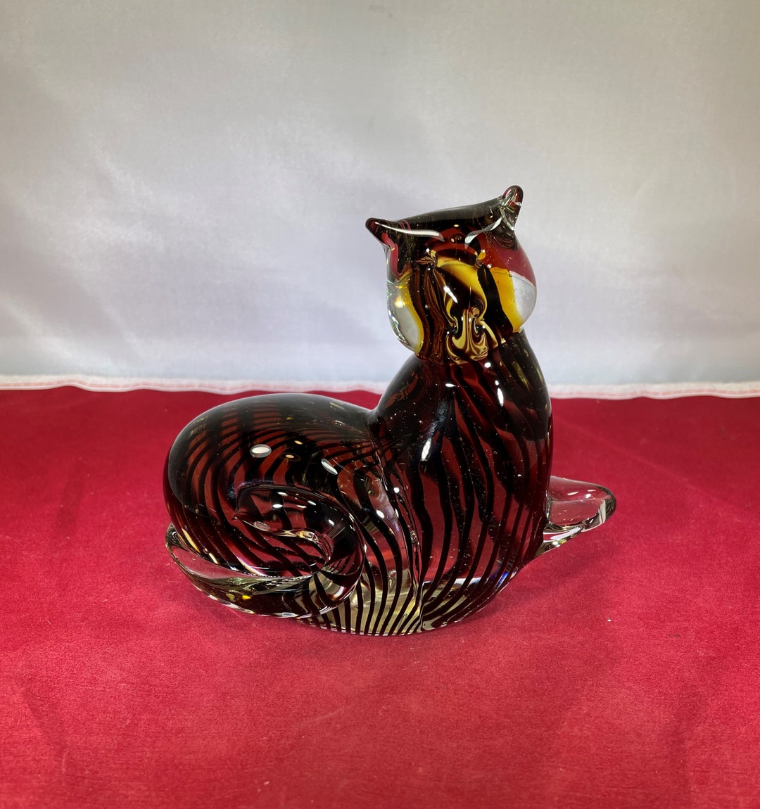 Vintagecatpaperweightstripedglassblack and Goldfigurinehome