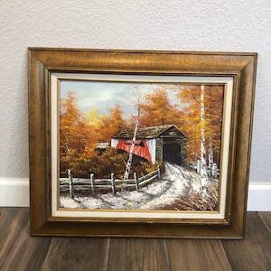 Vintage-Oil Painting-Red-Barn-Autumn-Forest-Signed-Forrester-Frame-Gold-Home Decor-Wall Decor