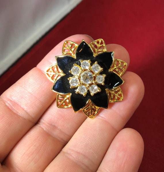 Vintage-Earrings-Flower-Black-Gold-Rhinestones-Je… - image 4