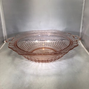 Vintage-Pink-Depression Glass-Bowl-2 Handles-Flowers-Ribbed-Glassware-Serving Ware-Dishware