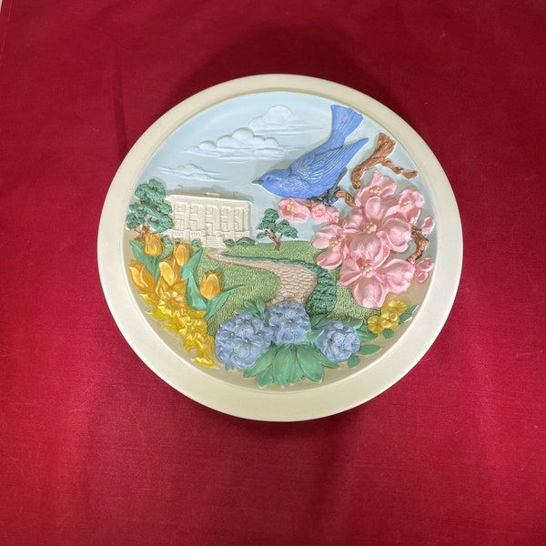 Vintage-Plate-Avon-1994-Flowers-Birds-Signed-Home Decor-Collectibles-O'Brian-Wall Decor