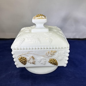 Vintage-Westmoreland-Dish-Candy Dish-Lid-Grapes-Leaves-White-Milk Glass-Gold-Beaded-Compote-Home Decor-Glassware