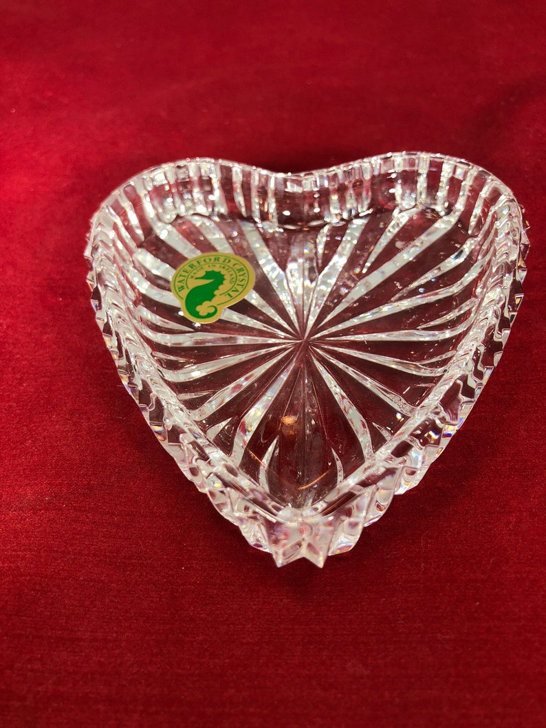 Vintage-Trinket Dish-Waterford-Crystal-Glass-Clear-Heart-Starburst-Ireland-Stamped-Home Decor-Bedroom Decor