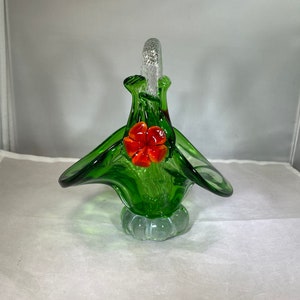 Vintage-Basket-Glass-Green-Clear-Red Flower-Home Decor