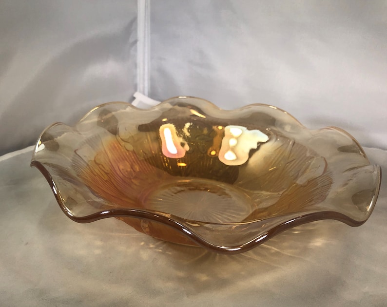 Vintage-Marigold-Carnival Glass-Bowl-Flower Pattern-Ruffled Edge-Serving Ware-Home Decor