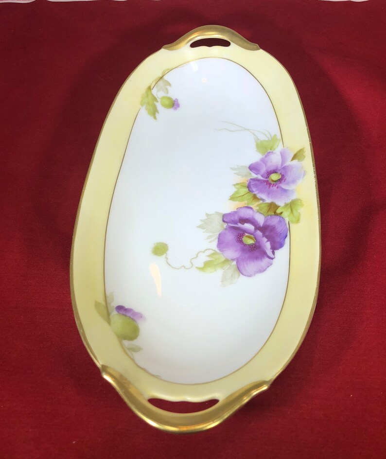 Vintage-Soap Dish-Candy Dish-Yellow-White-Purple-Flowers-Gold-Bavaria-Home Decor