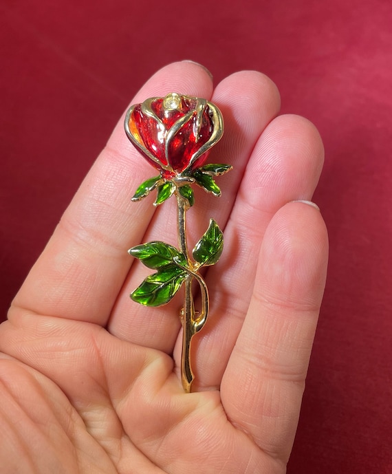 Vintage-brooch-pin-red Rose-clear Rhinestone-green Leaves-jewelry