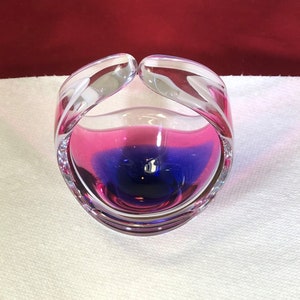 Vintage-Flygsfors Glass-Coquille-Swedish-Paul Kedelv-Purple-Pink-White-Clear Glass-Signed-Bowl-Dish-Home Decor