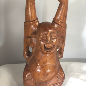 Vintage-Hand Carved-Buddha-Wood-Brown-Home Decor-Statue-Figurine