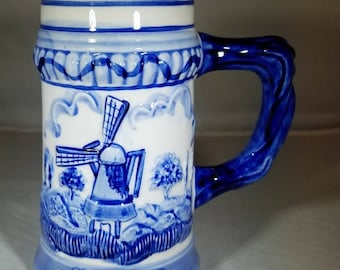 Vintage-Delft-Blue-White-Heineken-Stein-Hand Painted-Ceramic-Home Decor-Kitchen Decor-Collectibles-Windmill