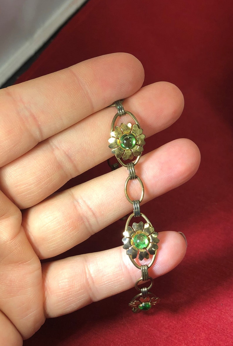 Vintage-Necklace-Bracelet-Providence Stock Company-12KT Gold-Green-Flowers-Sterling-Accessories-Jewelry