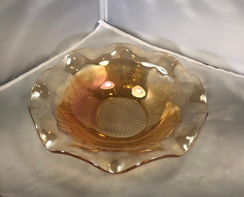 Vintage-Marigold-Carnival Glass-Bowl-Flower Pattern-Ruffled Edge-Serving Ware-Home Decor