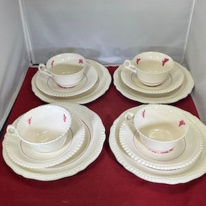Vintage-Set of 4-Spode-Copeland-Transferware-Plates-Bowls-Teacups-Saucers-Red-Mulberry-Pheasant-Butterflies-Serving Ware-Flowers