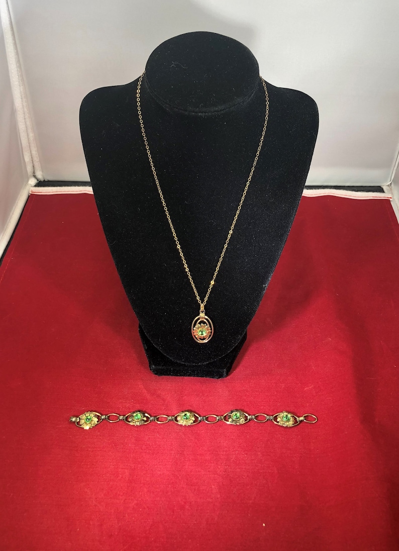 Vintage-Necklace-Bracelet-Providence Stock Company-12KT Gold-Green-Flowers-Sterling-Accessories-Jewelry