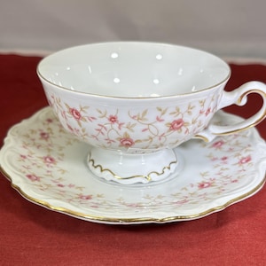 Vintage-Teacup and Saucer-Mitterteich-Bavaria-Lady Claire-Germany-Flowers-Serving Ware-Glassware