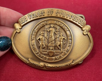 Vintage-Belt Buckle-Bronze-Wyoming-100 Years of Statehood-Commemorative-Seal of the State-Accessories