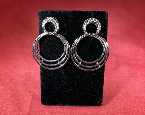 Vintage-Earrings-Dangle-Silver-Circles-Jewelry-Ac… - image 1