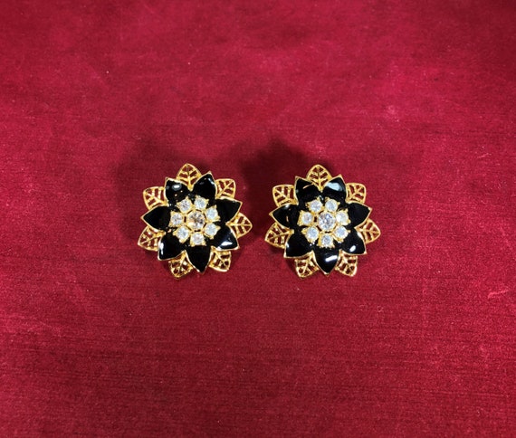 Vintage-Earrings-Flower-Black-Gold-Rhinestones-Je… - image 2