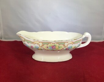Vintage-Gravy Boat-Flowers-Gold-Home Decor-Serving Ware