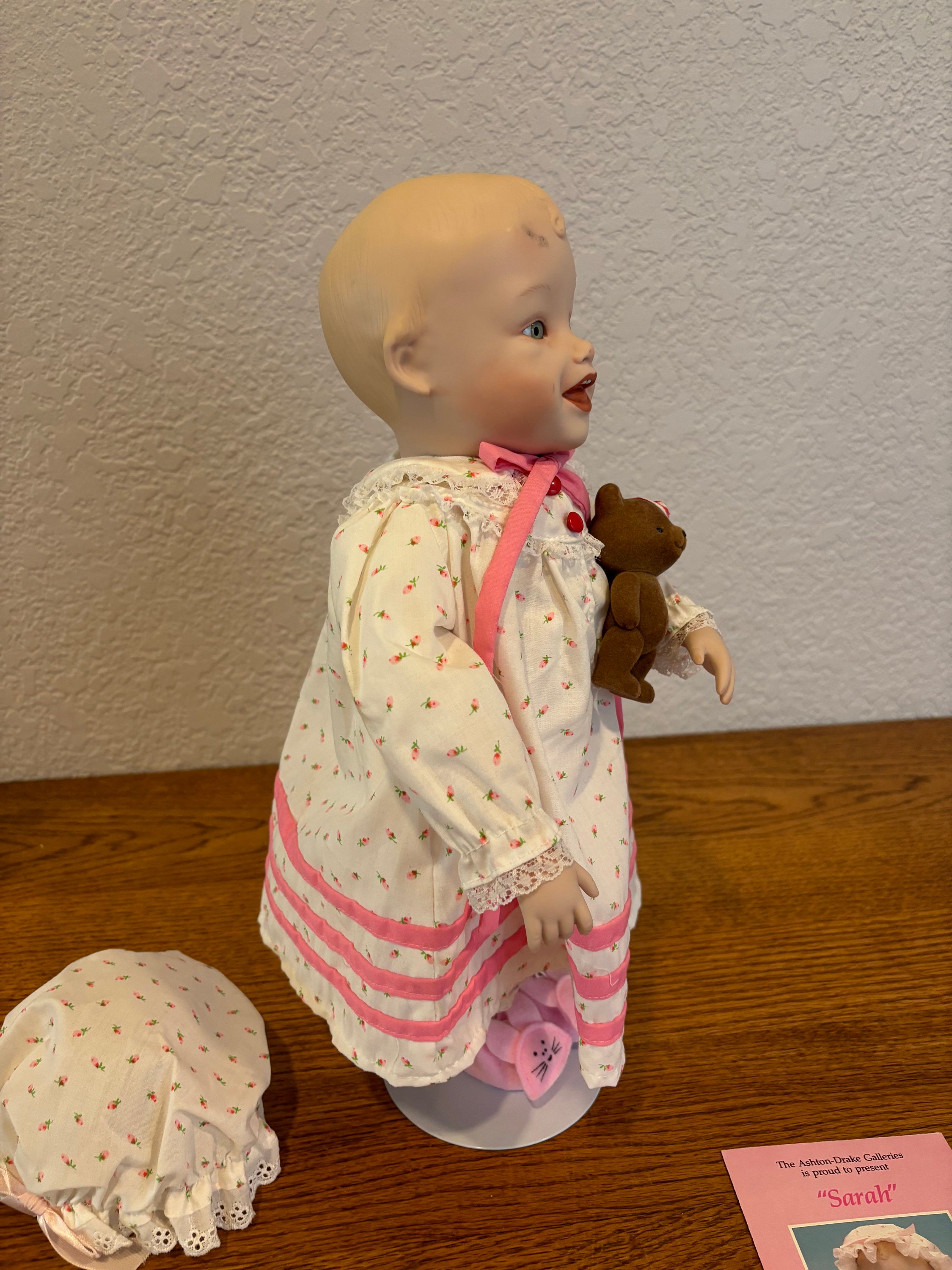 Vintage-doll-ashton Drake-sarah-pajamas-pink Roses-teddy Bear