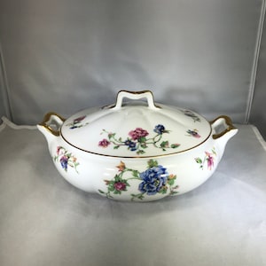 Vintage-Dish-Lid-Haviland-France-Limoges-Flowers-Blue-Pink-Gold-Handles-Serving Ware-Dishware-Home Decor