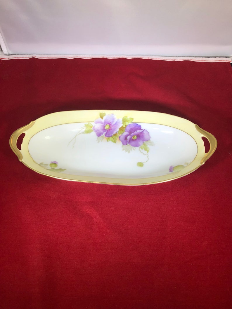 Vintage-Soap Dish-Candy Dish-Yellow-White-Purple-Flowers-Gold-Bavaria-Home Decor