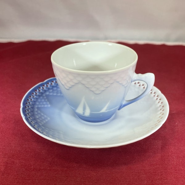 Vintage-Teacup and Saucer-Copenhagen-Denmark-Blue and White-Demitasse-B & G-Sailboats-463-Serving Ware-Glassware