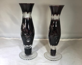 2-Vintage-Bohemian-Glass-Red-Clear-Bud Vases-Czechoslovakia-Cut to Clear-Home Decor