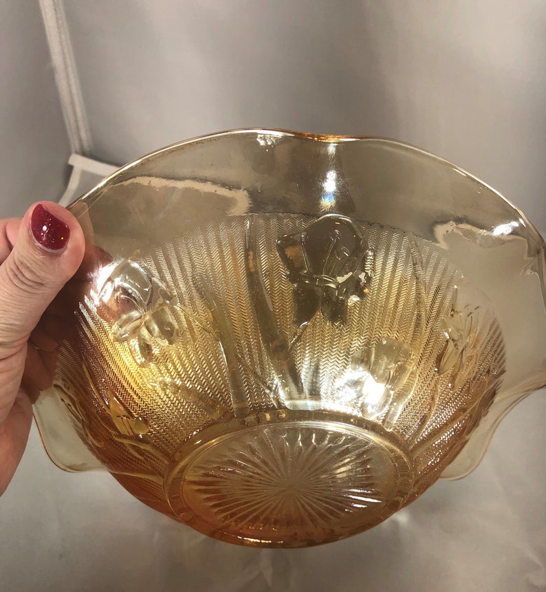 Vintage-Marigold-Carnival Glass-Bowl-Flower Pattern-Ruffled Edge-Serving Ware-Home Decor