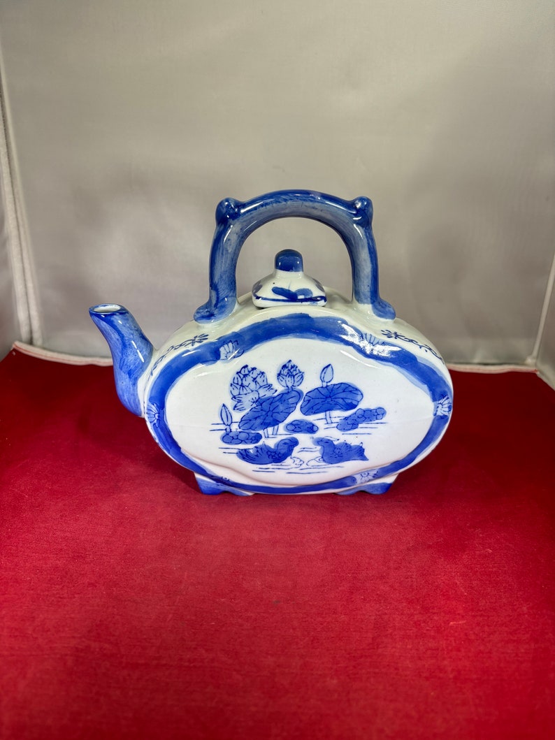 Vintage-Tetera-Azul y Blanco-China-Lirio Pad-Pato-Decoración-Decoración del Hogar imagen 1