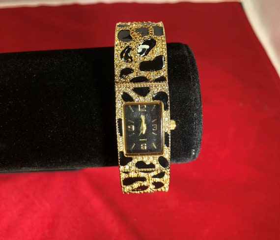 Vintage-Watch-Gold-Black-Cheetah Pattern-Rhinestones-… - Gem