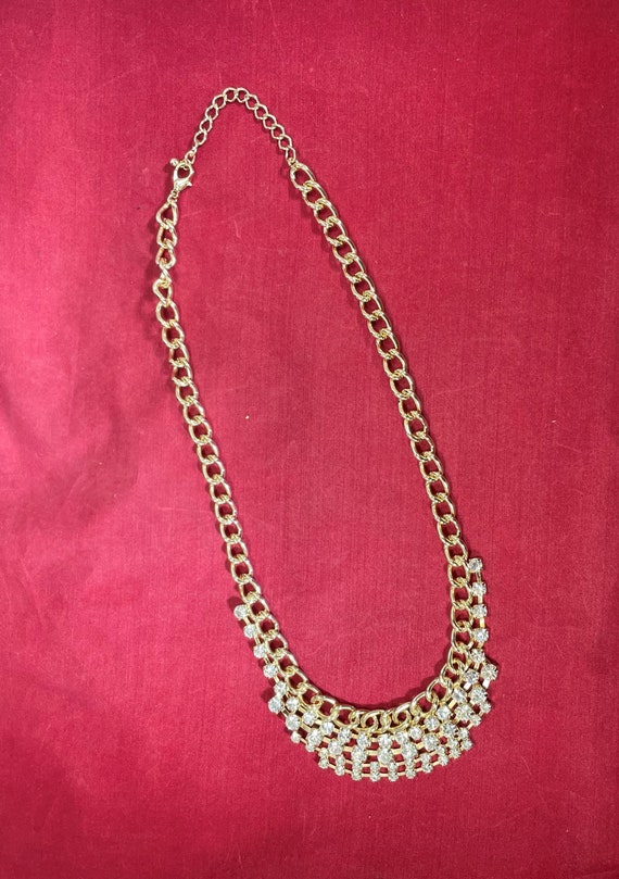Vintage-Necklace-Gold-Clear Rhinestones-Jewelry-A… - image 3