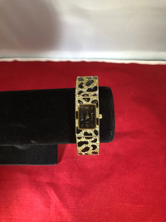 Vintage-Watch-Gold-Black-Cheetah Pattern-Rhinestones-… - Gem
