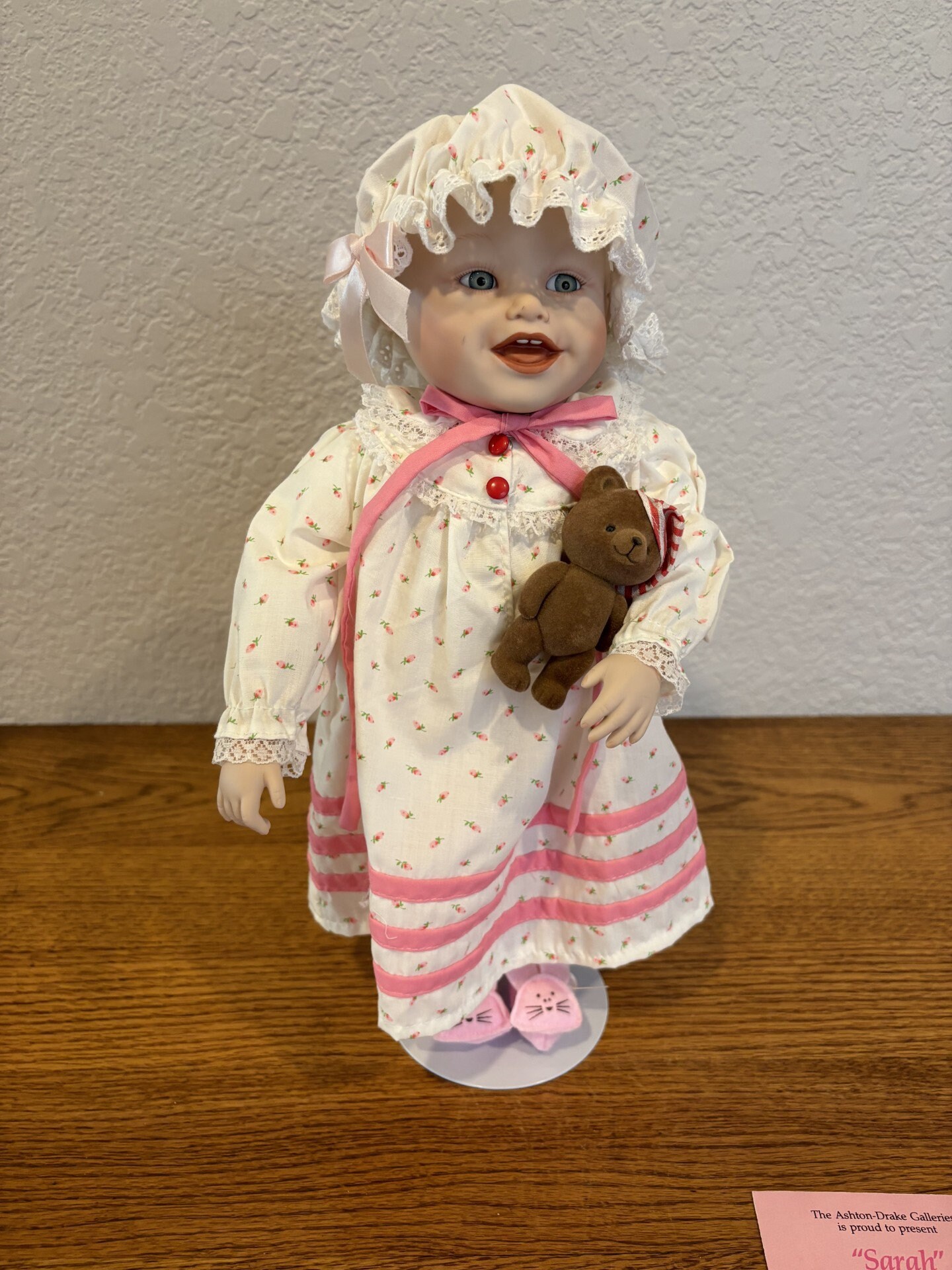 Vintage-doll-ashton Drake-sarah-pajamas-pink Roses-teddy Bear