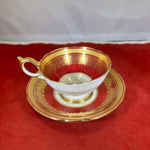 Vintage-Teacup and Saucer-Bone China-Aynsley-Romney-England-Red-Gold-Serving Ware