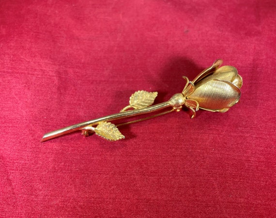 Vintage-Brooch-Gold-Rose-Flower-Stem-Leaves-Jewel… - image 2