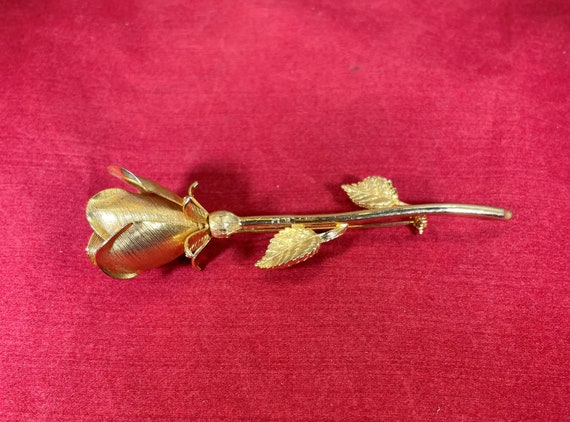 Vintage-Brooch-Gold-Rose-Flower-Stem-Leaves-Jewel… - image 1