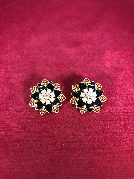 Vintage-Earrings-Flower-Black-Gold-Rhinestones-Je… - image 1