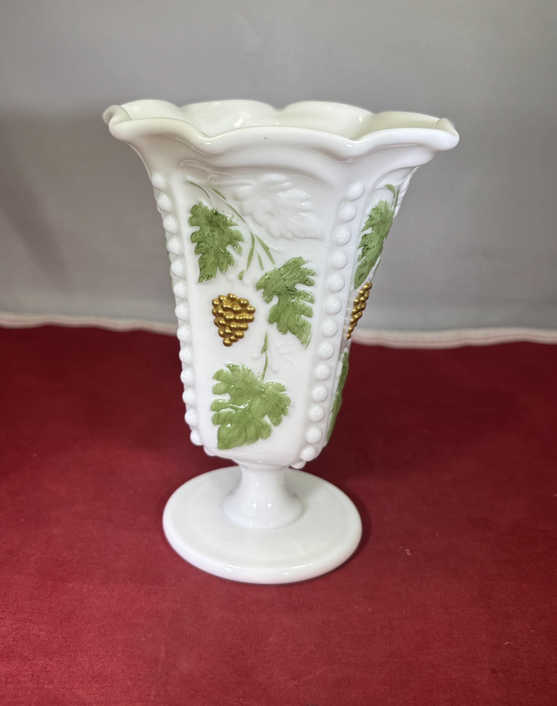 Vintage-vase-gold Grapes-green Leaves-fluted-white-milk Glass 